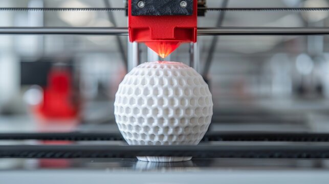 Close-up of a 3D printer creating a white golf ball, showcasing advanced technology and precision in additive manufacturing.