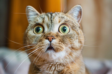 Skeptical cat, surprised expression, big eyes, funny face