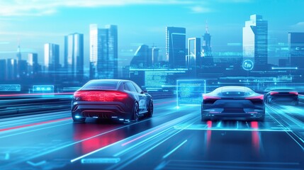 Electric cars self-driving through a high-tech digital cityscape, the concept of smart driving technology in an advanced urban environment.