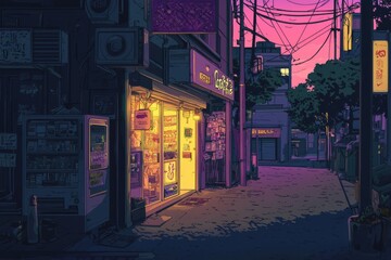 Fototapeta premium A cozy street corner scene at night with soft street lighting and empty streets. Cozy vibe, Generative AI