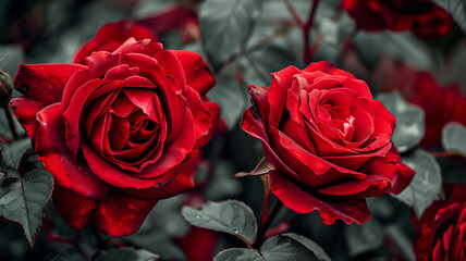 Red roses in bloom, closeup with detailed petals and rich colors