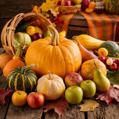Apple, pumpkin and basket. Autumn food. Thanksgiving day.