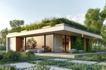 Sustainable house with green roof, background, neutral tones, , ecofriendly architecture