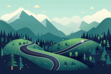 Travel itinerary with a digital roadmap and scenic routes, clean lines, minimalist, art