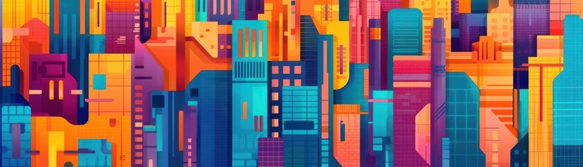 Vibrant abstract cityscape illustration in bold, colorful geometric shapes showcasing modern urban architecture and skyline at sunset.