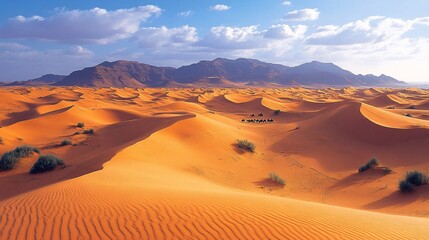 A vast terrain is shifting sea of golden dunes, their peaks and valleys constantly changing with the wind.
