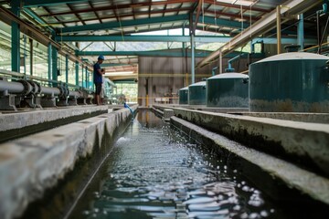 Water flowing through a concrete channel in a factory setting.