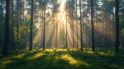 Obraz premium Serene Forest with Sun Rays and Mist