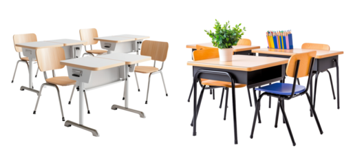Empty school desks in a classroom ready for students.