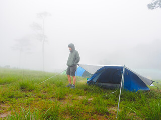 Man in hooded jacket and tent in morning fog in tropical rainforest. serene with mist shrouding the tall trees in the background.