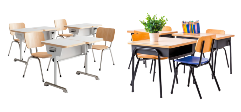 Empty school desks in a classroom ready for students.