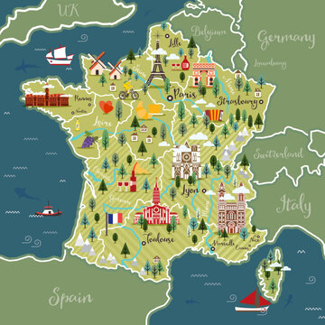 Stylized map of France. French symbols, cheese, croissant, wine, bicycle, harmonic, mountains and other landmarks. Travel to France.