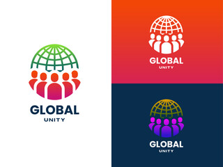 Green globe representing global unity with five people underneath logo design template. Suitable for diversity, teamwork, international concepts.