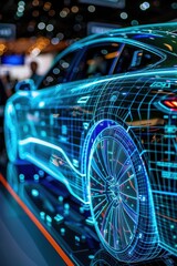 Fototapeta premium Futuristic Electric Car with Digital Interface Display at Technology Expo Showcasing Advanced Automotive Innovations and Cutting-Edge Design