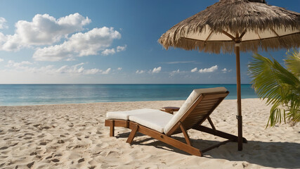 Fototapeta premium Chairs on the sandy beach near the sea. Summer holiday and vacation concept for tourism. Inspirational tropical landscape.
