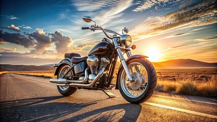 A sleek, black chopper motorcycle stands alone on a deserted highway, its chrome pipes and leather saddle gleaming in the warm sunlight.