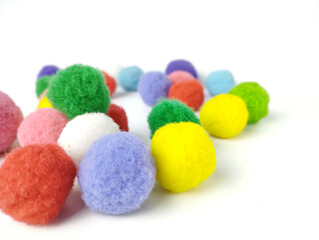Colorful Pompoms isolated on white background, fluffy, lovely