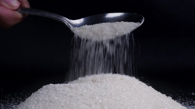 close up spooning sugar isolated on black background