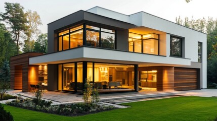 Obraz premium Modern house exterior with garden and lighting at twilight.