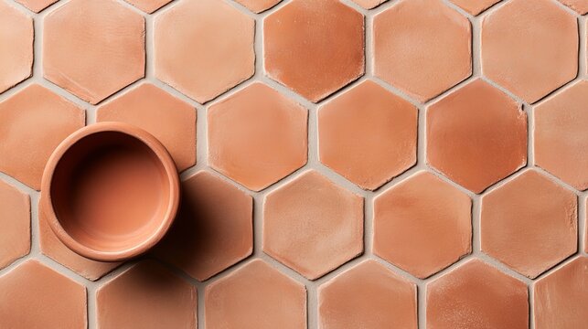 Earthy hexagonal design, worn textures and rustic ambiance, a blend of warm terracotta and clay tones with aged surfaces