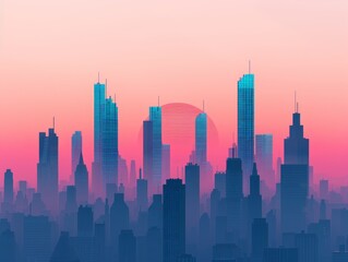 Fototapeta premium A vibrant cityscape at sunset, featuring towering skyscrapers against a pastel sky, creating a serene and modern atmosphere.