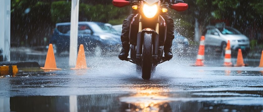 Motorcycle rider navigating wet road conditions and practicing emergency stop techniques to enhance safety and control during inclement weather