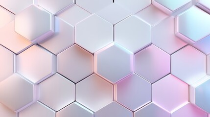 Naklejka premium Futuristic hexagon mosaic, displaying iridescent surfaces that shift in hue, a shimmering pearlescent effect creating a mesmerizing visual dance