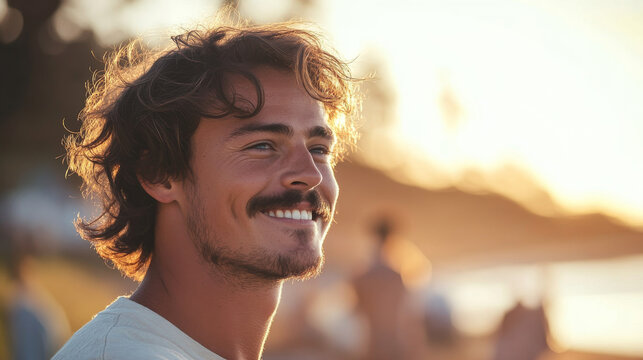 Portrait of a young caucasian man with a moustache with copy space and beach in background