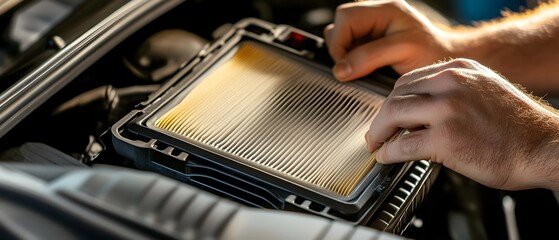 Close up shot of a person s hands replacing an air filter in a vehicle symbolizing the ease of do it yourself car maintenance and servicing
