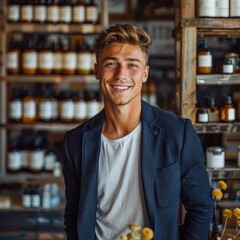 Obraz premium A smiling young man in smart casual attire stands in a cozy store filled with neatly arranged bottles, exuding confidence and charm, ideal for retail, business, and customer service themes,