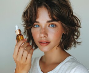 Fototapeta premium A young woman with blue eyes and freckles holds a small glass bottle of facial serum perfect for promoting skincare products, beauty routines, or health and wellness blogs,