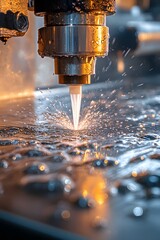 A close-up of a high-pressure water jet cutting through a metal surface, with detailed spray patterns and droplets illustrating the force and precision of the water.