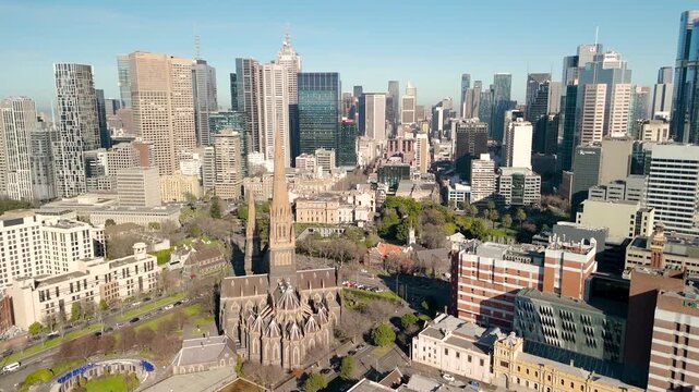Aerial 4K view of St Patrick's Cathedral in Melbourne Australia