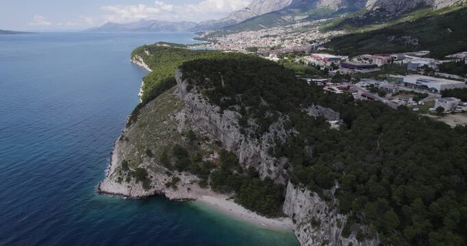 Nugal Beach On The Makarska Riviera In Croatia. Rising Aerial Shot, Dramatic Coastline.