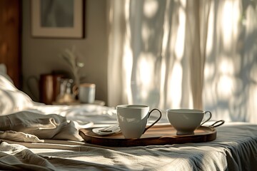 Fototapeta premium Morning light streaming through a window onto a cozy bed with co