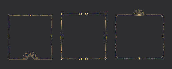Gold celestial minimal esoteric frame, thin line border, mystyc linear decoration with dots, moon, stars corners isolated on dark background. Geometric shape, tarrot 
