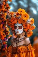 Portrait of an elegant woman made up as a Catrina with a flower dress, her head is covered with a wreath of flowers. Day of the Dead face painting, flower background