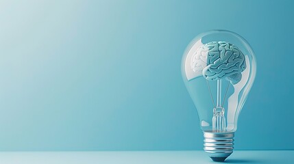 Brain inside a transparent light bulb placed on a blue background with space for copy, brainstorming or knowledge. Creative lamp idea, copy space, minimalist,