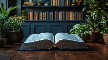 Open Book on a Wooden Table with Houseplants and Bookshelf in the Background