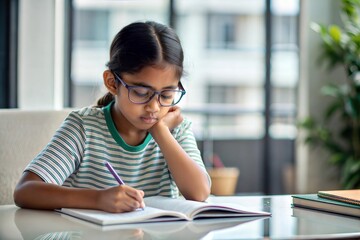 "Indian Girl with Glasses Doing Homework" - An Indian girl with glasses concentrating on her homework at a desk.
