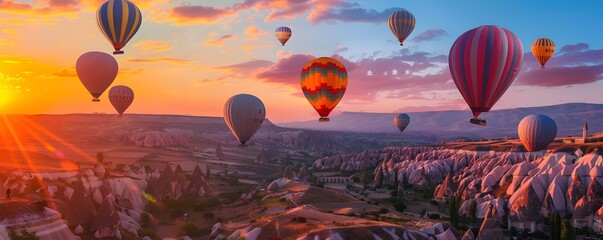 Fototapeta premium Hot Air Balloons Soaring Over Cappadocia at Sunset