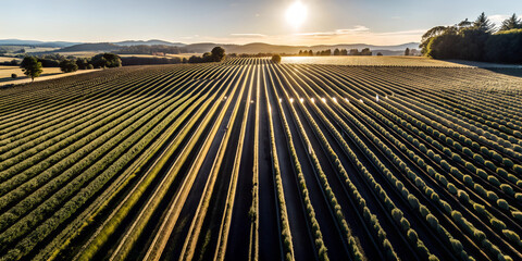 A sunset view of a field of crops. The sun is low in the sky, casting long shadows and creating a warm glow