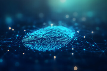 A blue fingerprint is shown on a blue background. The image is a representation of a digital fingerprint, which is a unique identifier for a person