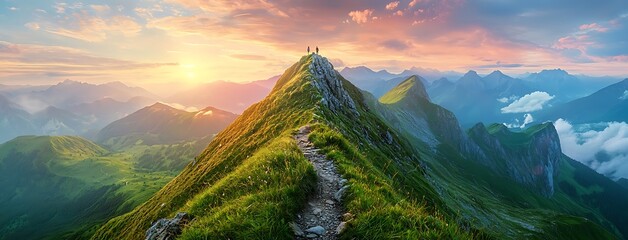 A winding path leads to the peak of a mountain range, where two figures stand overlooking a breathtaking sunset and a sea of peaks.