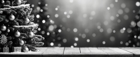 Obraz premium Empty wooden table in front of a Christmas tree snow background Ready for product display montage