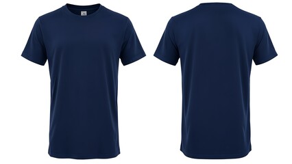 Mockup navy t-shirt, displayed on a white background, showing both the front and back views