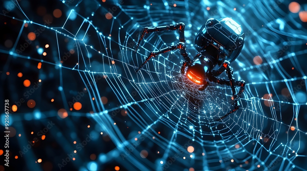 Poster 3D Digital Spider Web with Search Engine Robot Navigating the Network
