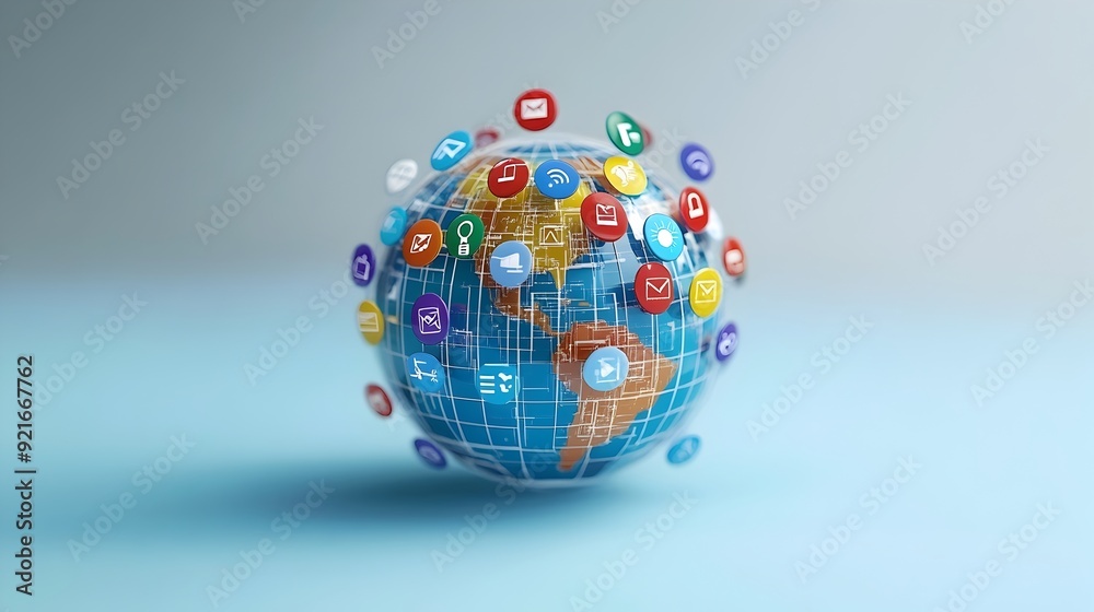 Poster 3D Globe with Orbiting Search Engine Icons Symbolizing Global Internet Connectivity