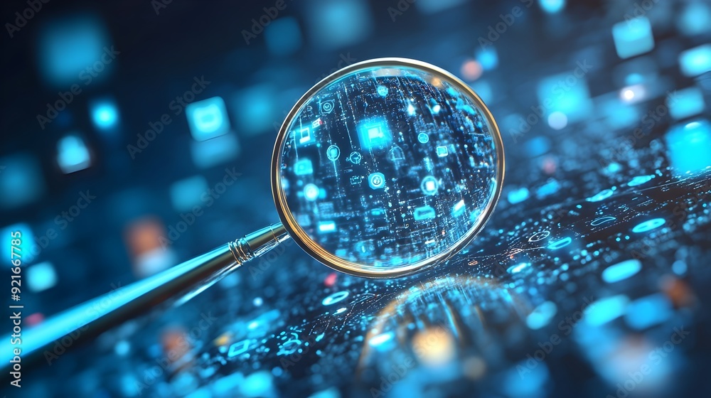 Aufkleber 3D Magnifying Glass Focusing on Floating Digital Icons Symbolizing Search Engine Targeting