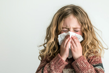 Young Girl Sneezing into Tissue, Expressing Discomfort from Cold or Allergies